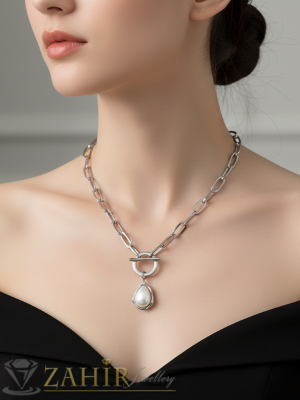   Нежен перлен медальон капка с ефектна закопчалка на четвъртита верижка , широка 0,6 см, 4 дължини,хипоалергенна водоустойчива стомана - K2366